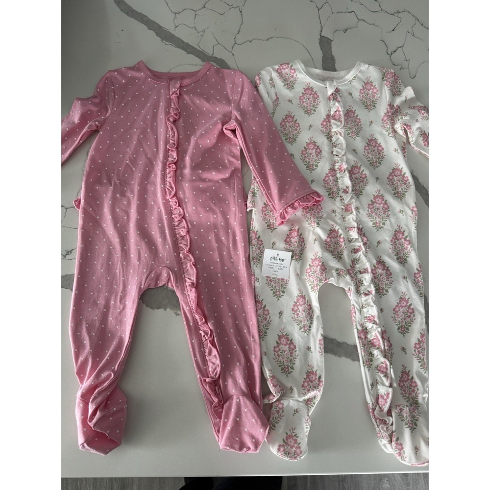 NWT LITTLE ME Baby Sleepwear Footies 2 Pack SIZE 9 MONTHS Pink Floral /Polka Dot